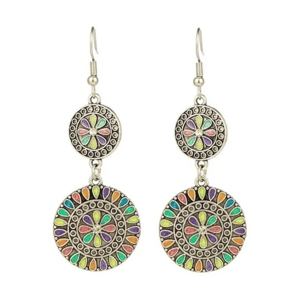 Boho Dangle Earrings Round Double Circle Medallion Hook Earrings